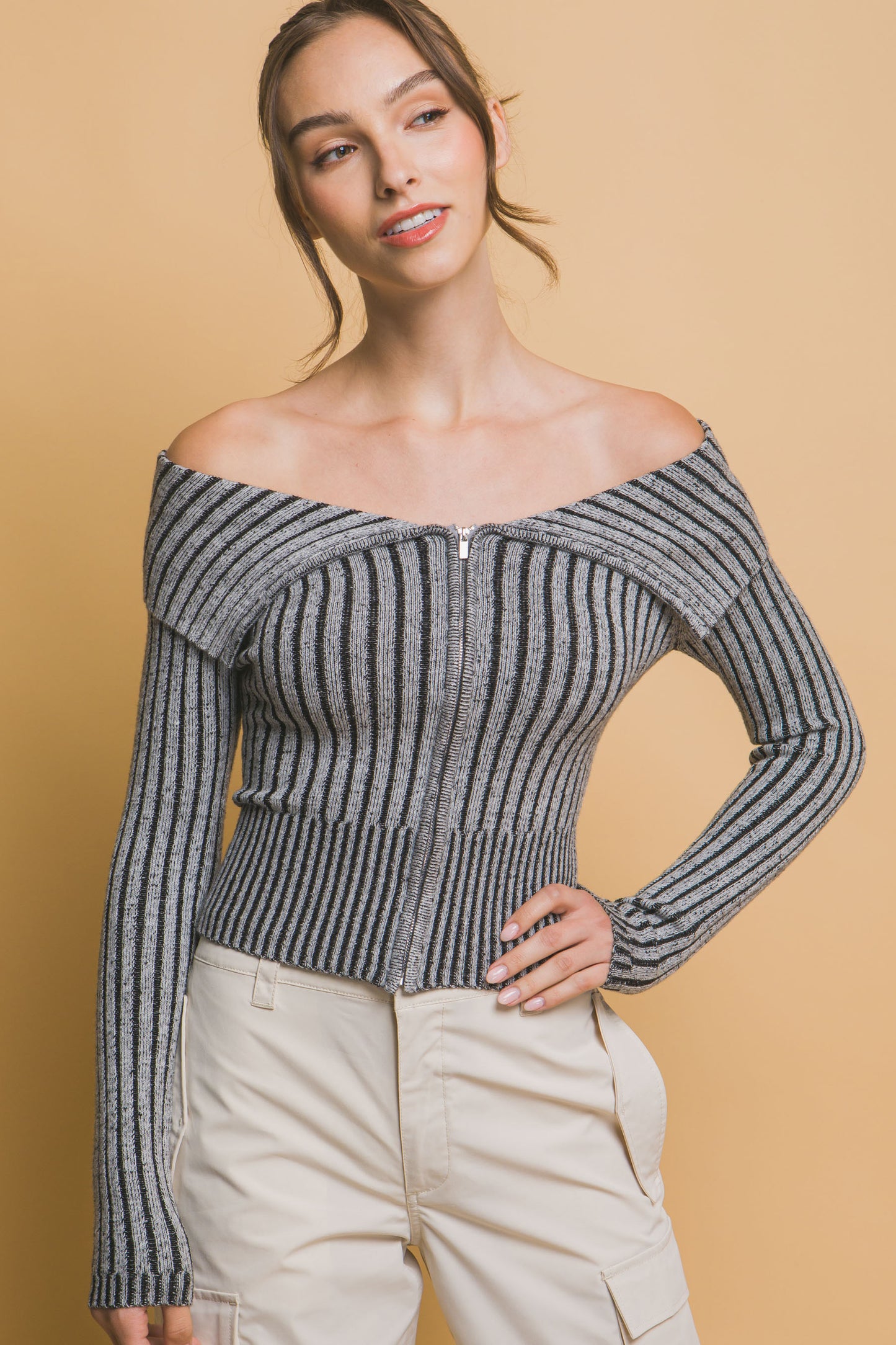 Ribbed Bardot Zip Up Top