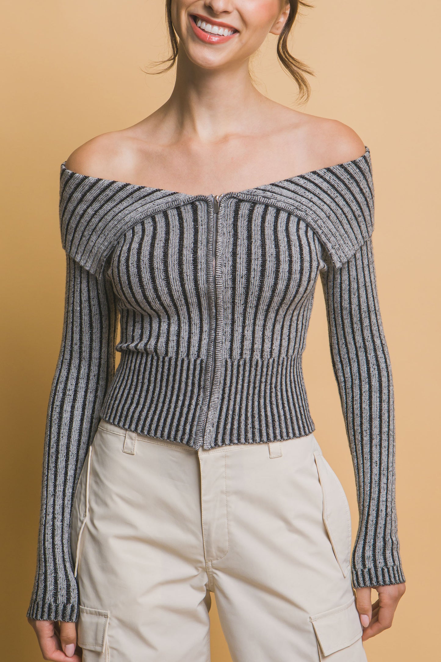 Ribbed Bardot Zip Up Top