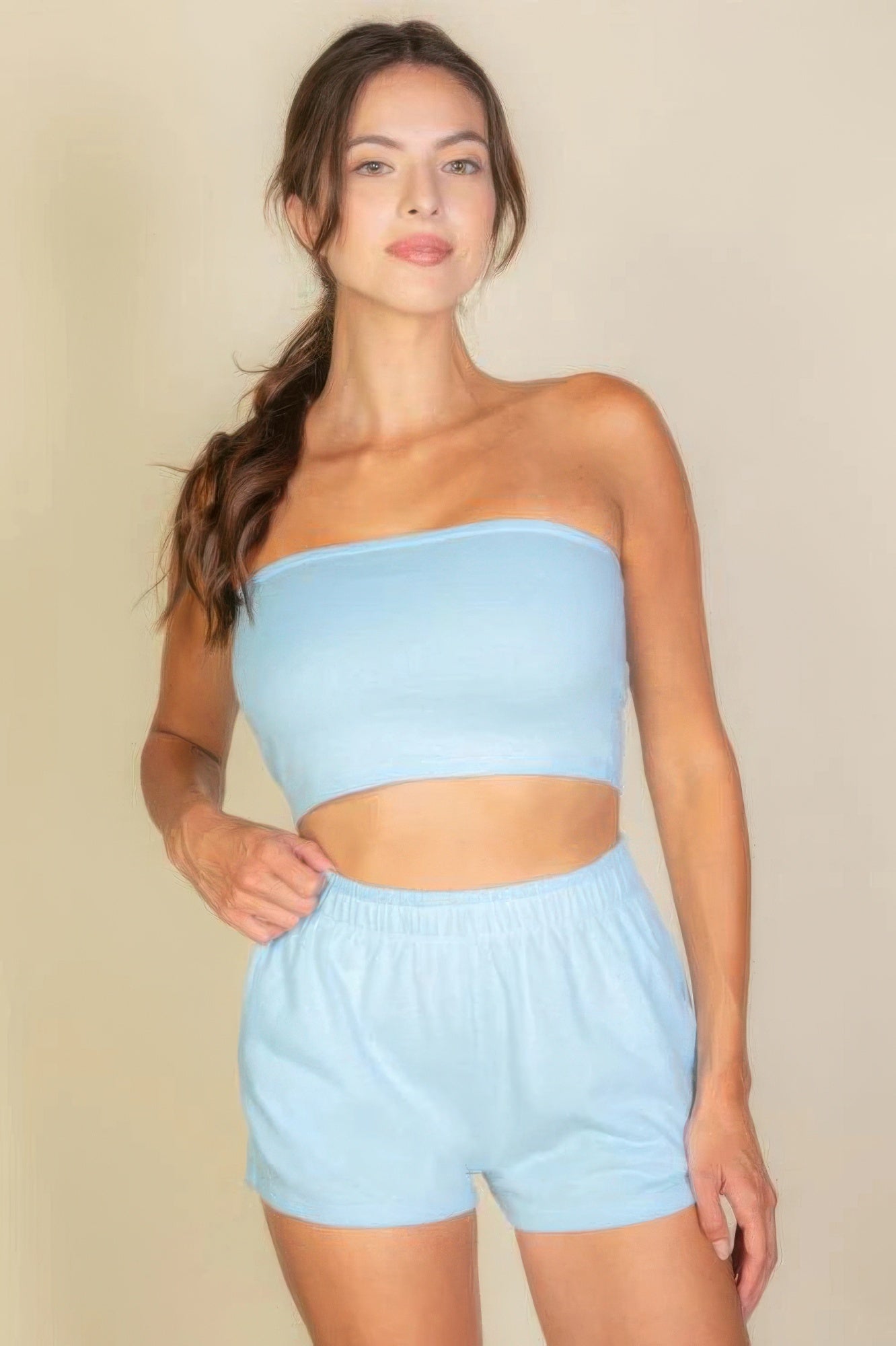 Simple Solid Tube Top And Shorts Set