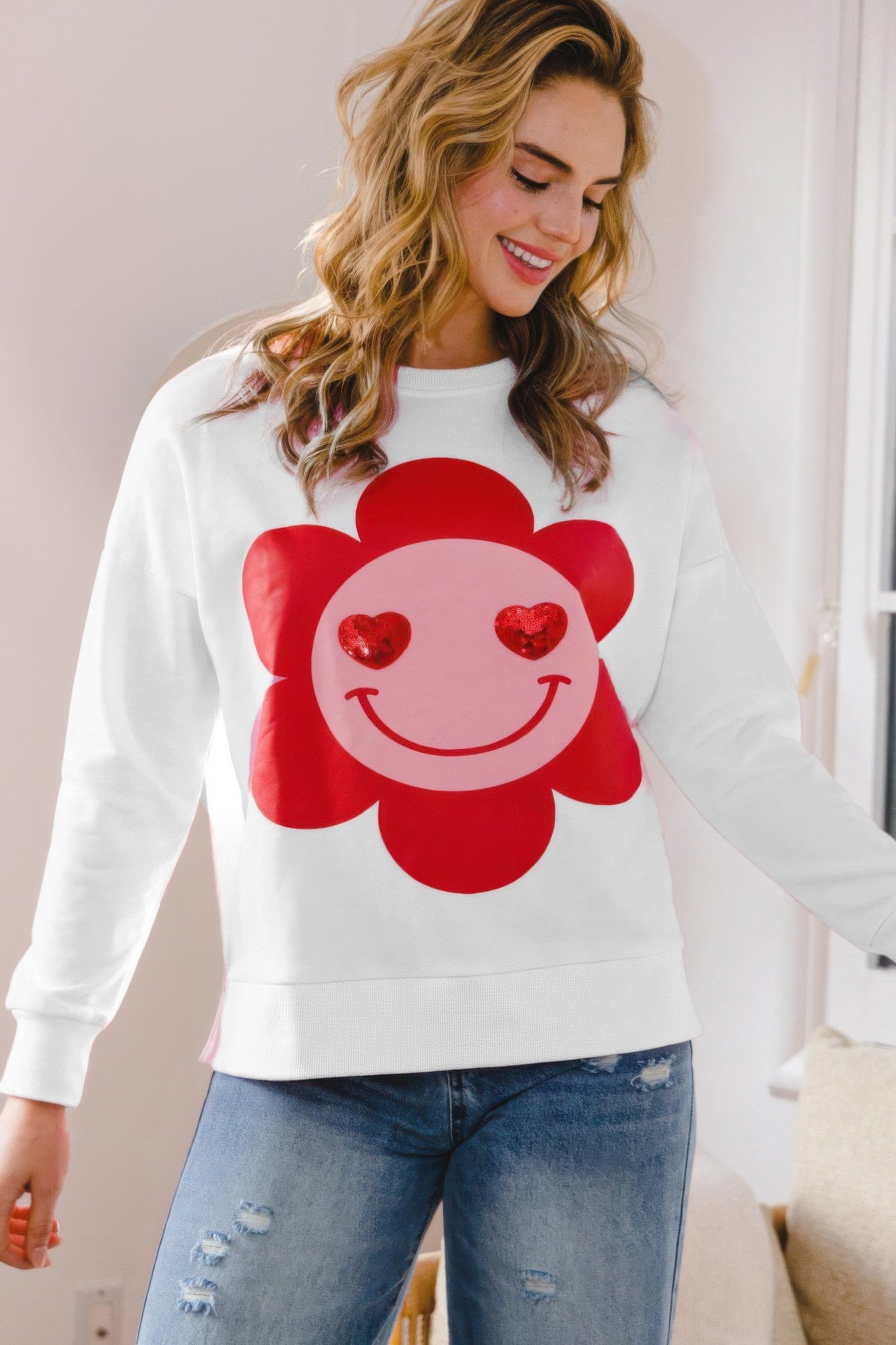 Smiley Flower Oversized Pullover