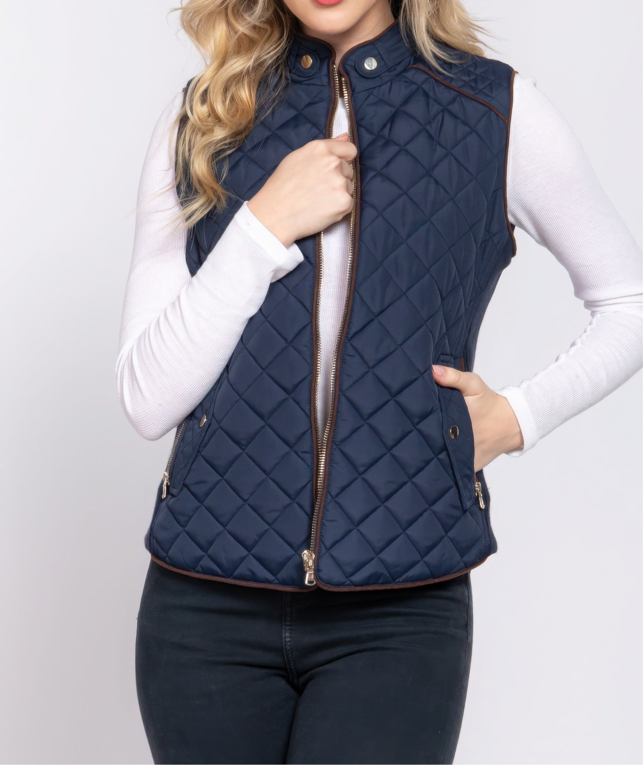 Suede Piping Quilted Padding Vest