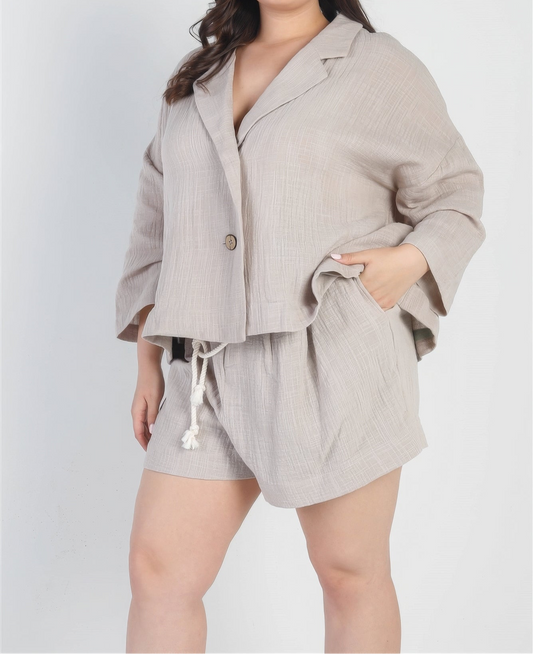 Grey Button-up Blazer High Waist Shorts Set