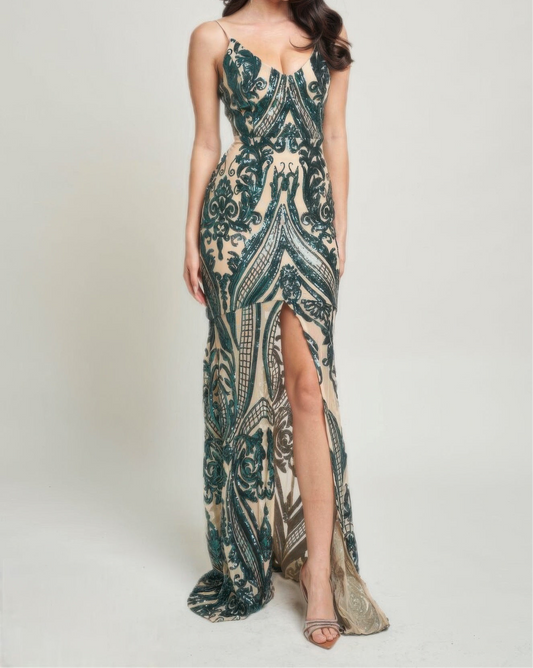 Spaghetti Strap Art Deco Sequins Maxi Dress