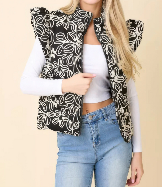 Floral Velvet Embroidered Denim Puffer Vest