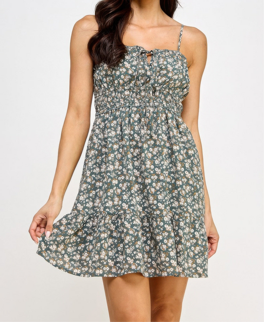 Floral Front Tie Ruffle Mini Dress