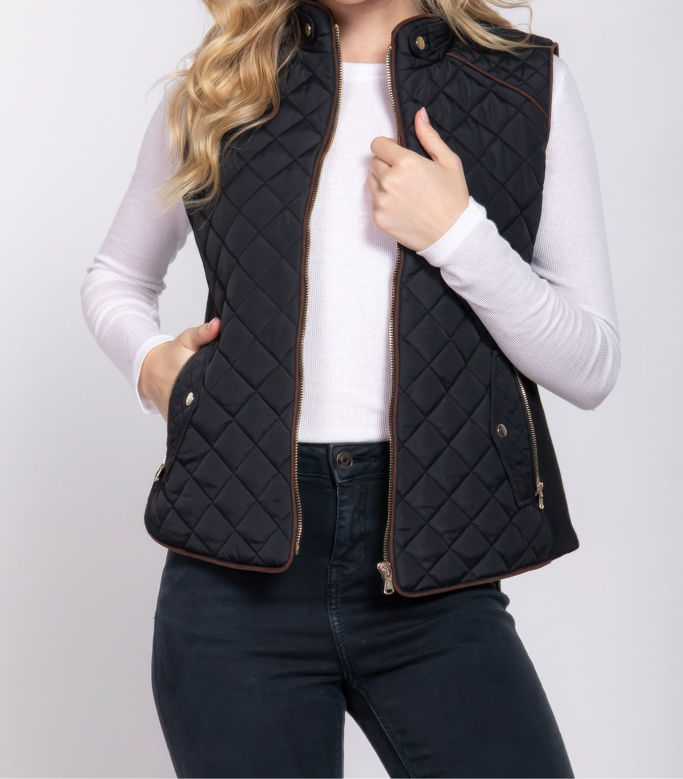 Suede Piping Quilted Padding Vest