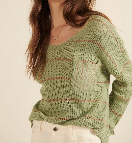 Striped Rib-knit Oversized Pocket Sweater