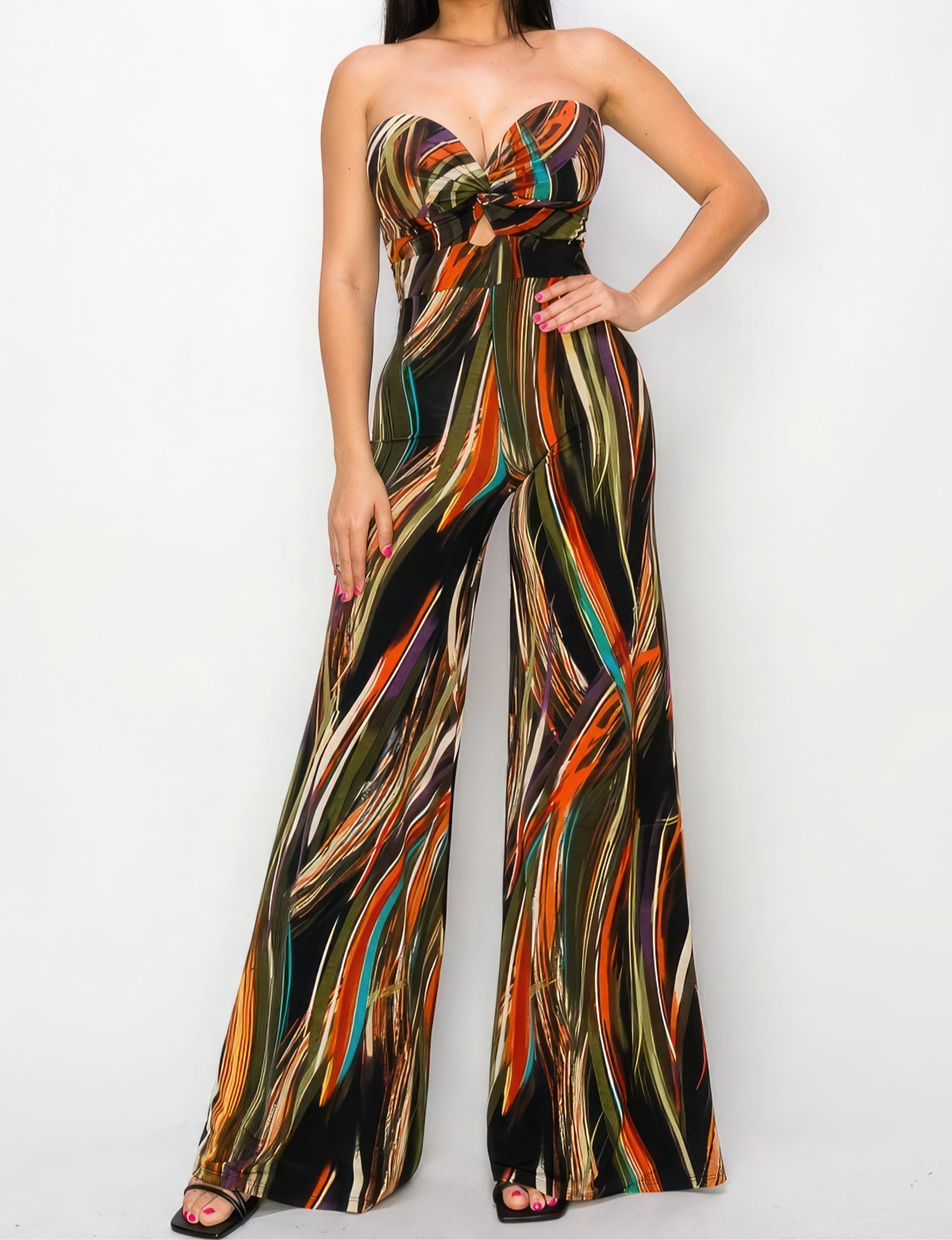 Allover Print Twist Front Wide Leg Jumpsuit