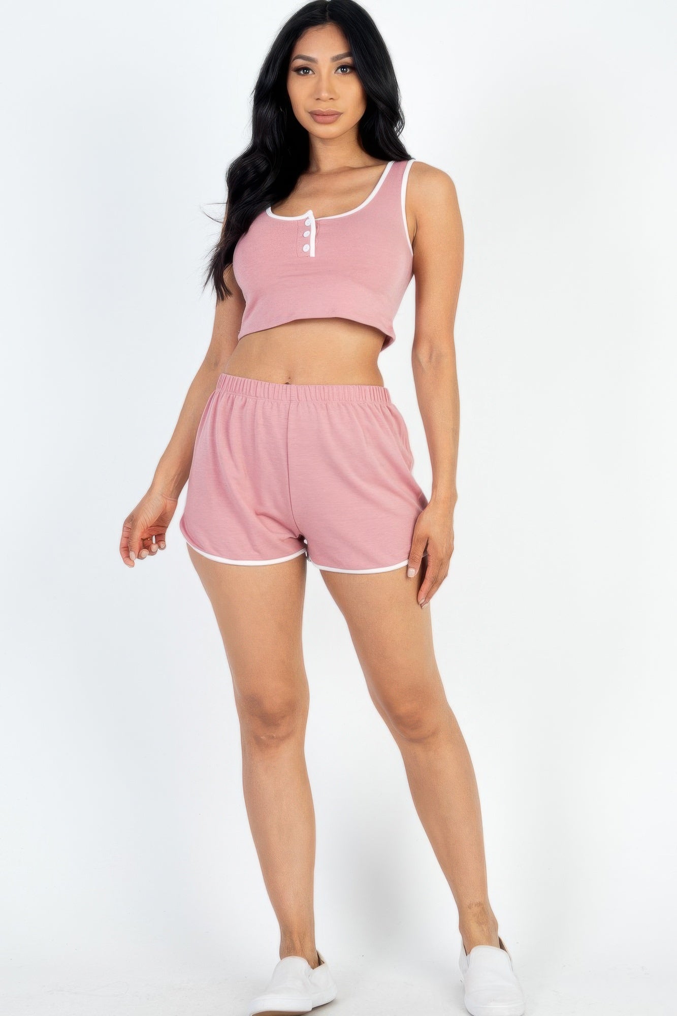 Casual French Terry Contrast Trim Cropped Tank Top And Shorts Set