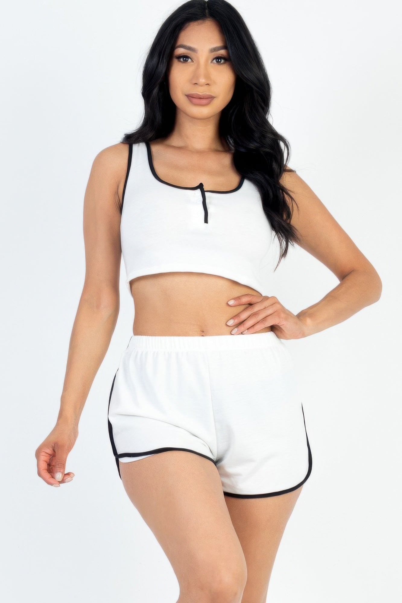 Casual French Terry Contrast Trim Cropped Tank Top And Shorts Set