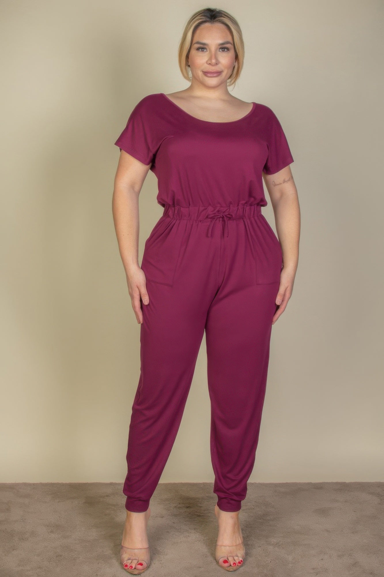 Solid Drawstring Short Sleeve Jumpsuit