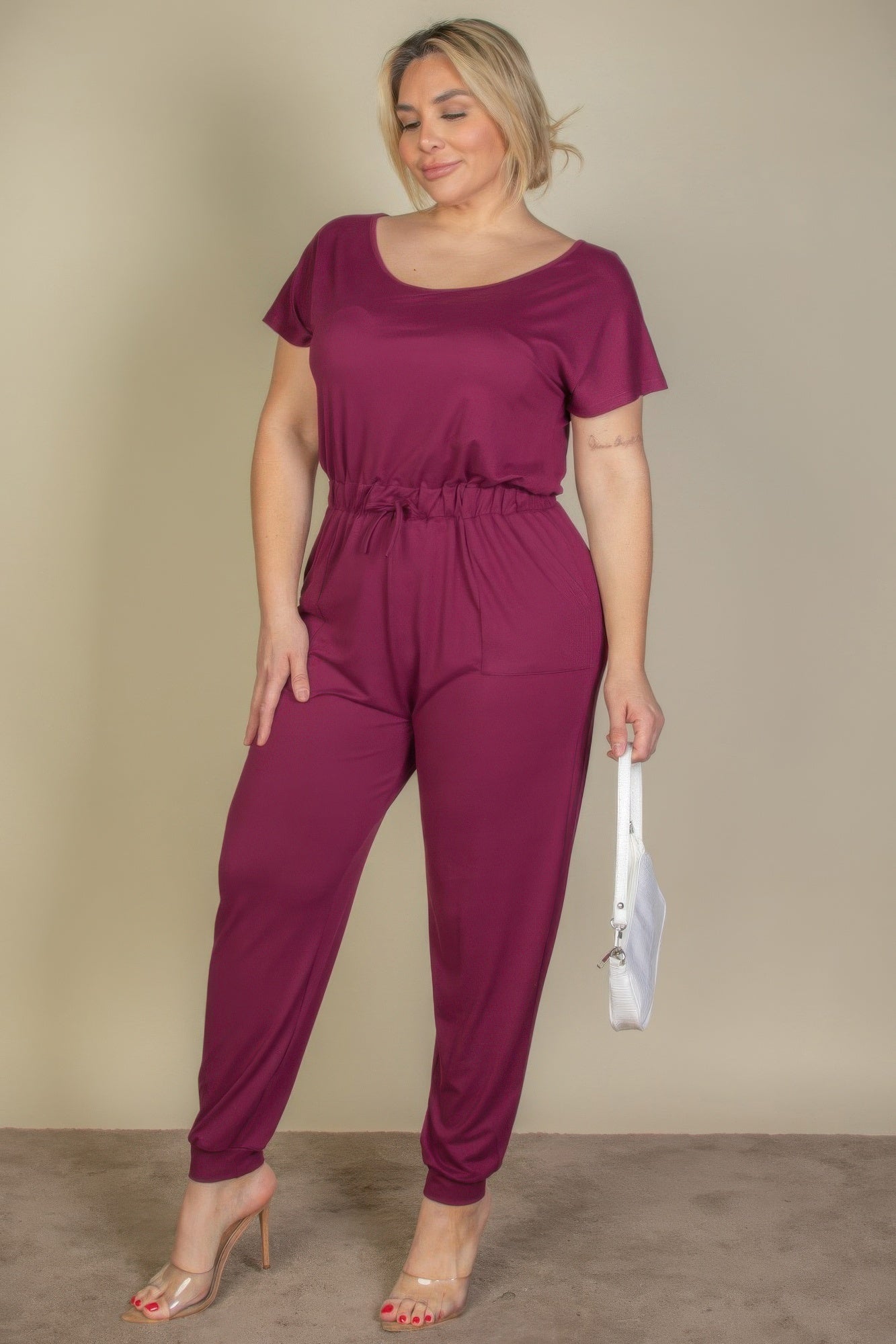 Solid Drawstring Short Sleeve Jumpsuit