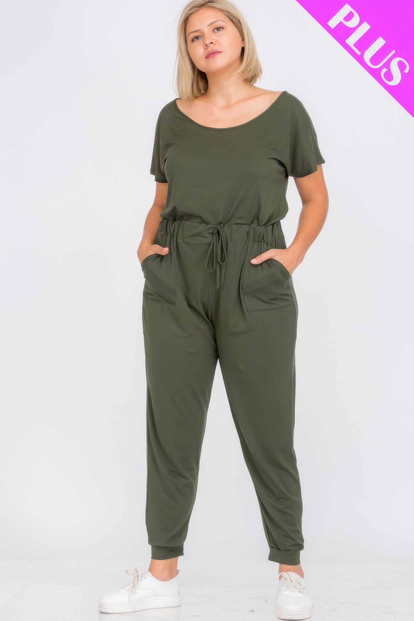 Solid Drawstring Short Sleeve Jumpsuit