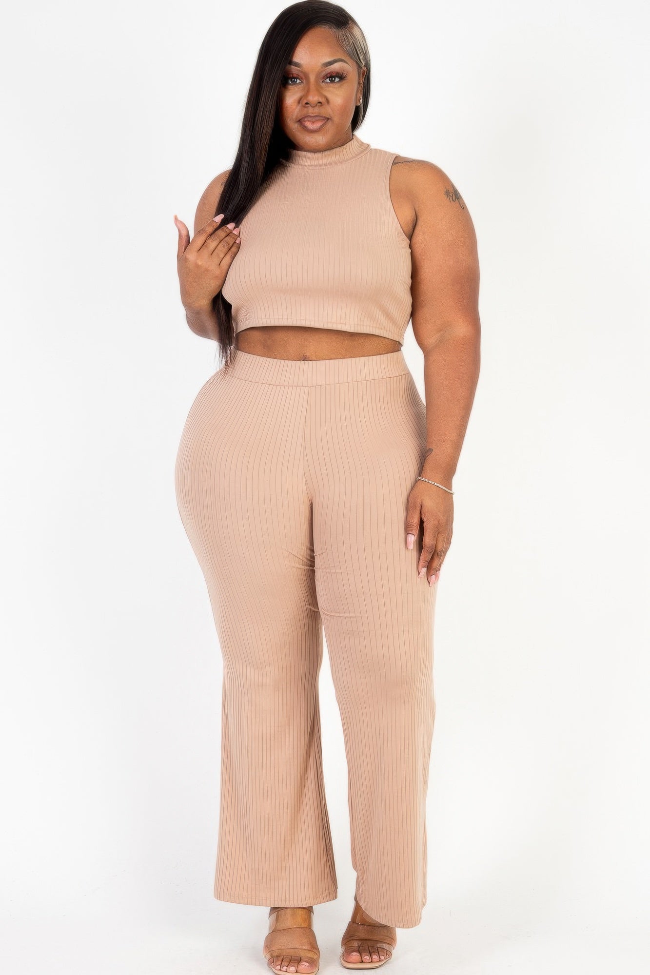 Ribbed Mock Neck Crop Tank Top& Bootcut Pants Set