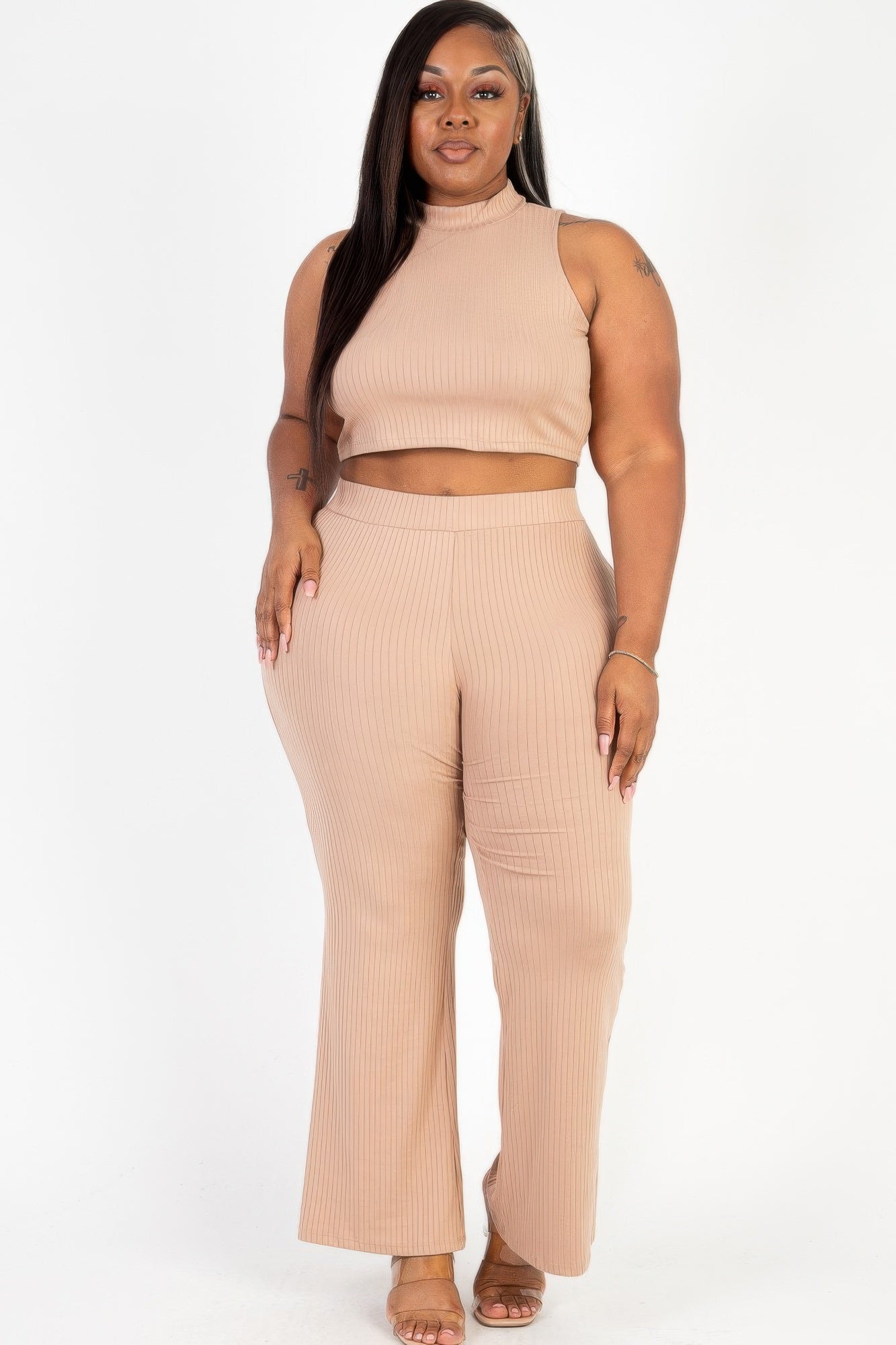 Ribbed Mock Neck Crop Tank Top& Bootcut Pants Set