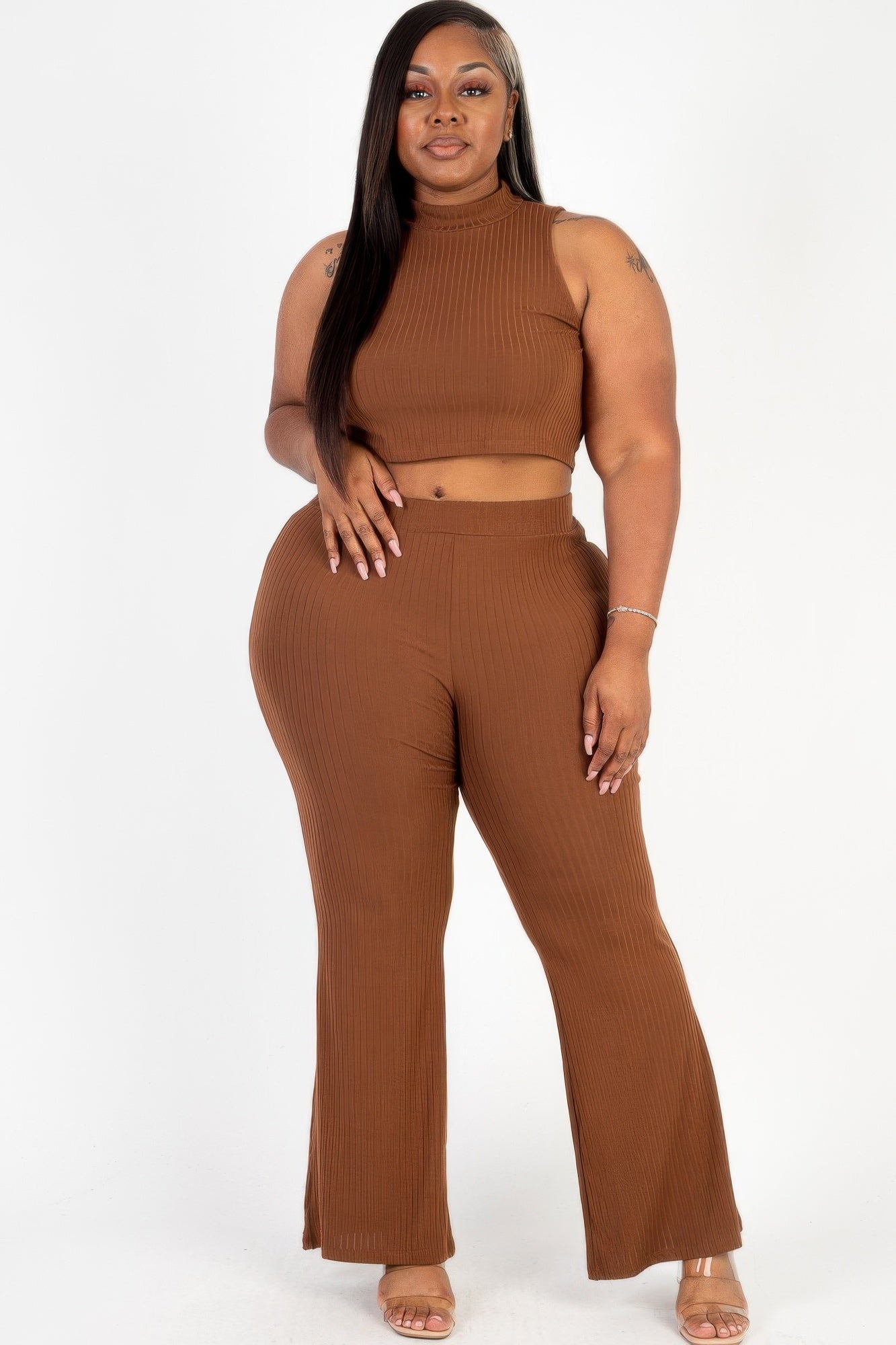 Ribbed Mock Neck Crop Tank Top& Bootcut Pants Set