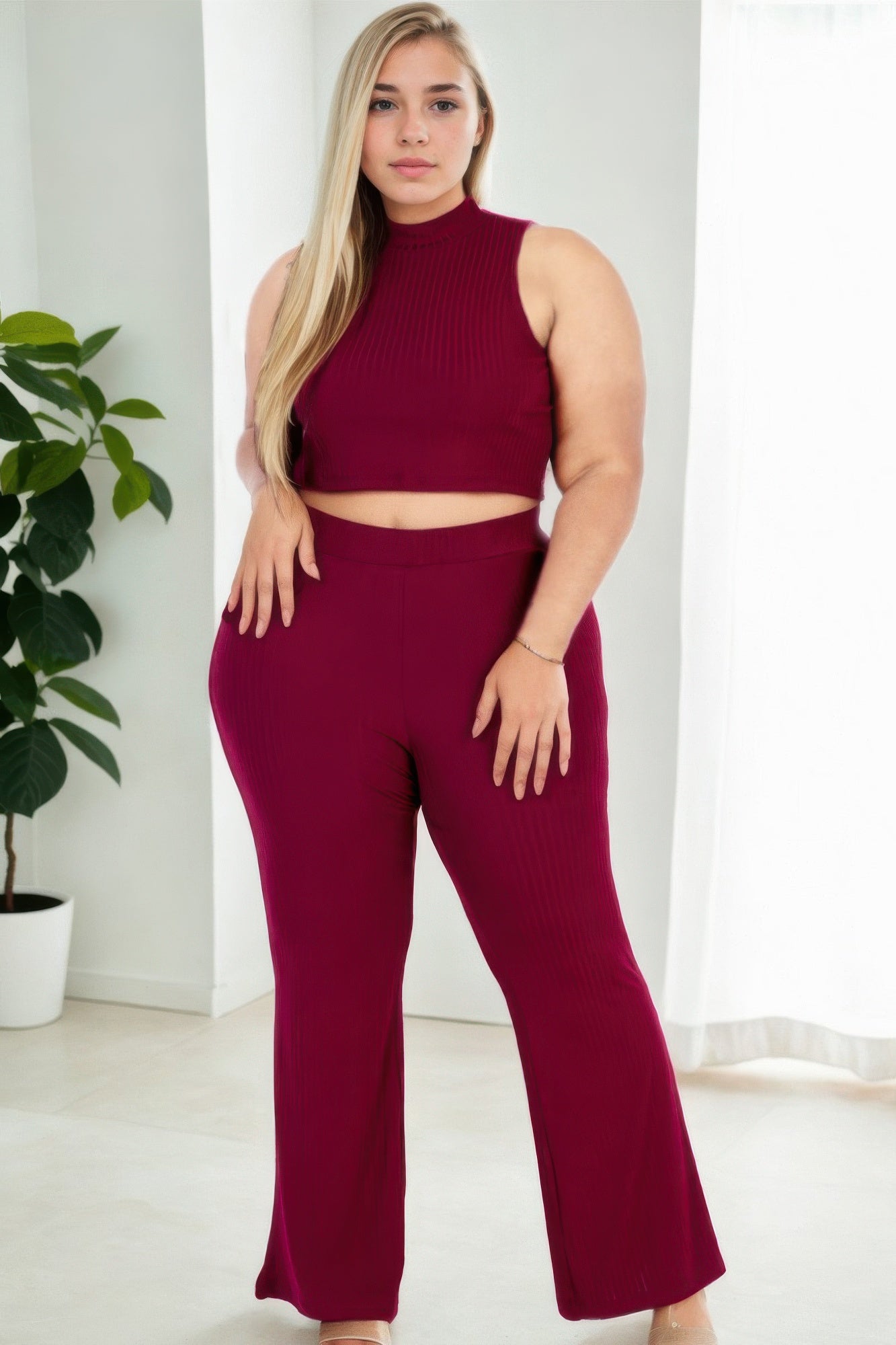 Ribbed Mock Neck Crop Tank Top& Bootcut Pants Set