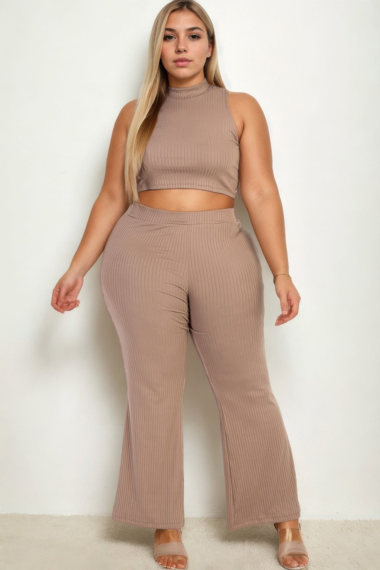 Ribbed Mock Neck Crop Tank Top& Bootcut Pants Set